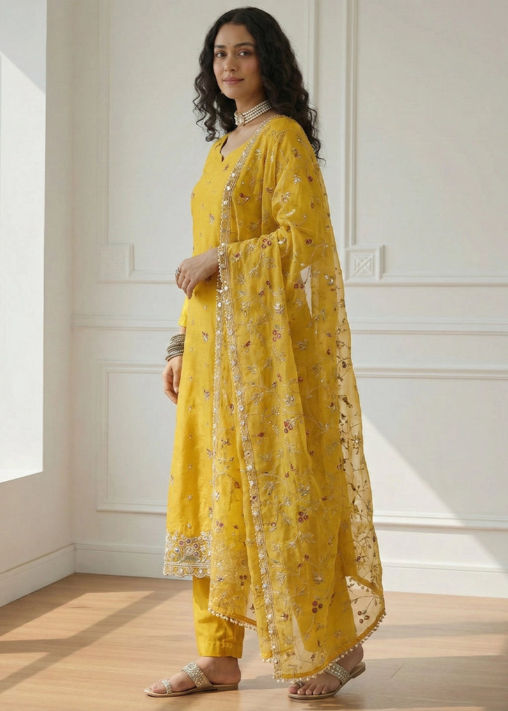 Canary Yellow Shimmer Organza Suit Set with Thread and Embellished Work