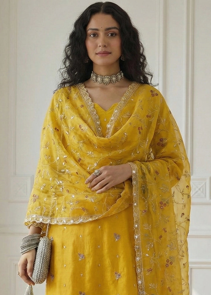 Canary Yellow Shimmer Organza Suit Set with Thread and Embellished Work