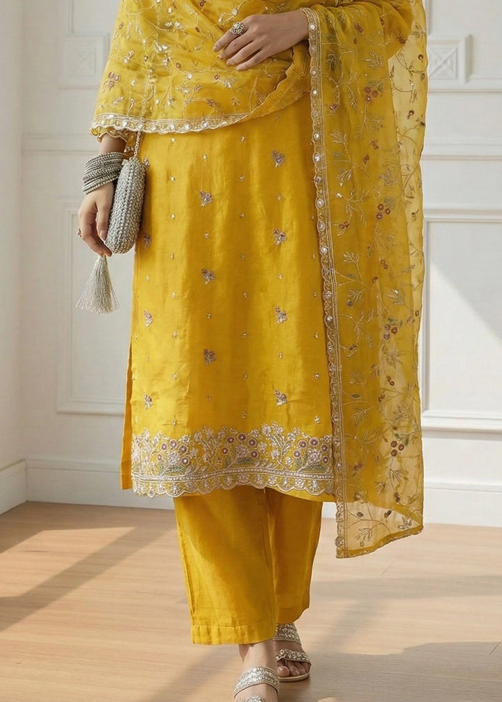 Canary Yellow Shimmer Organza Suit Set with Thread and Embellished Work
