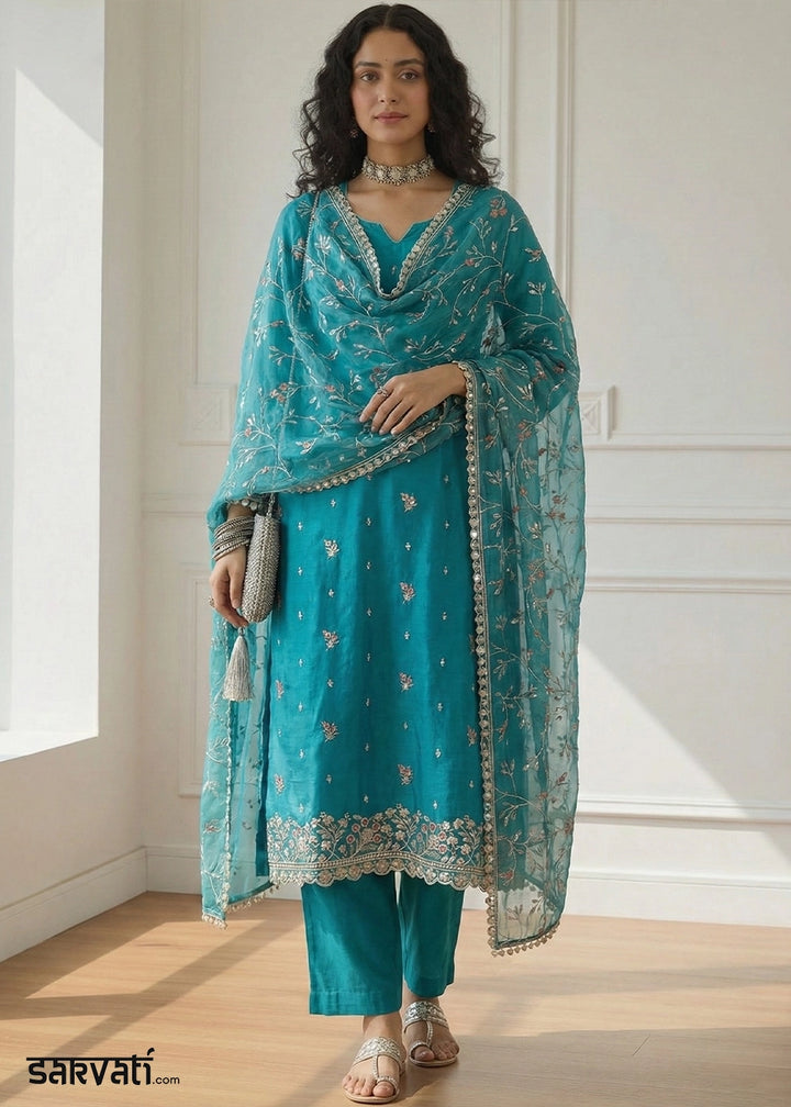 Bondi Blue Shimmer Organza Suit Set with Thread and Embellished Work