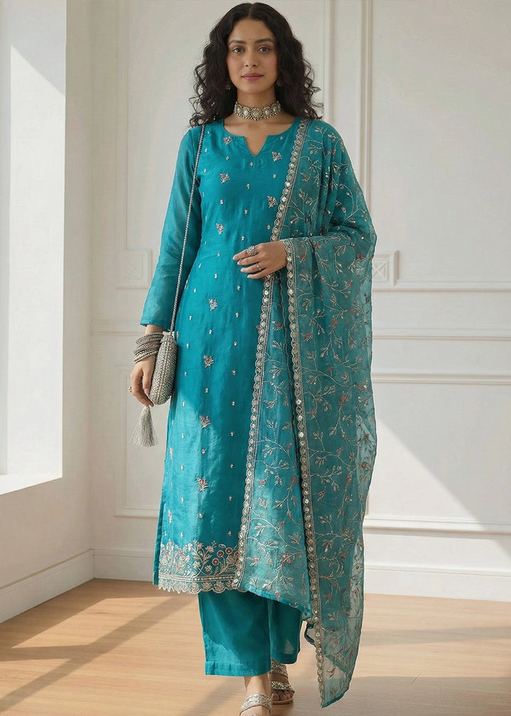Bondi Blue Shimmer Organza Suit Set with Thread and Embellished Work