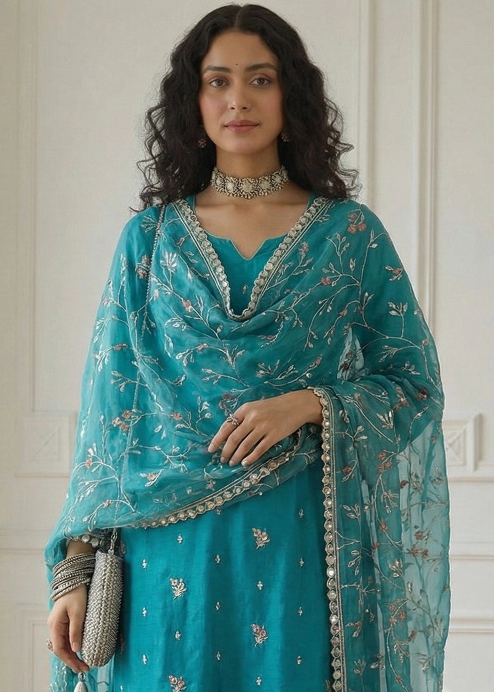 Bondi Blue Shimmer Organza Suit Set with Thread and Embellished Work