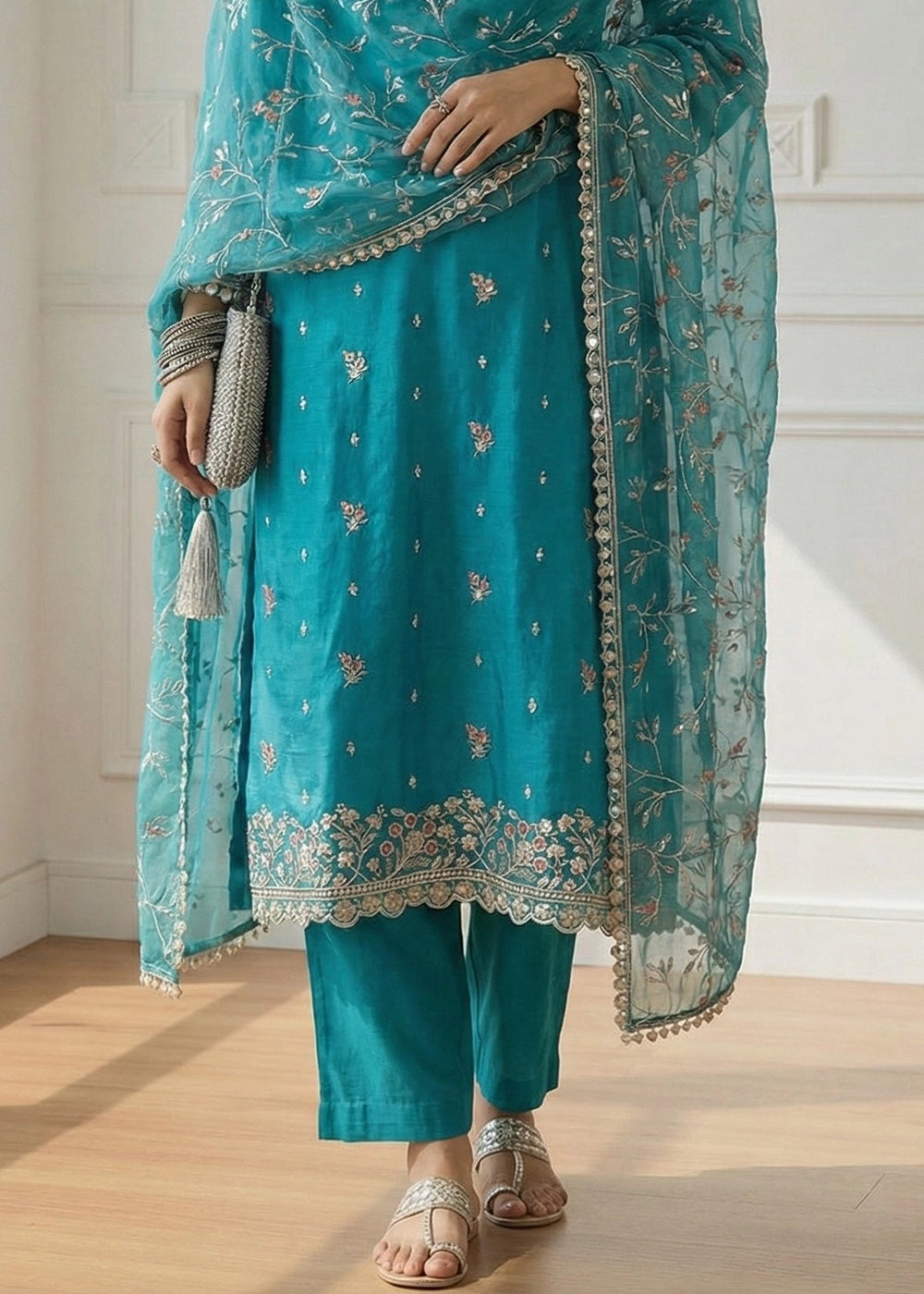 Bondi Blue Shimmer Organza Suit Set with Thread and Embellished Work