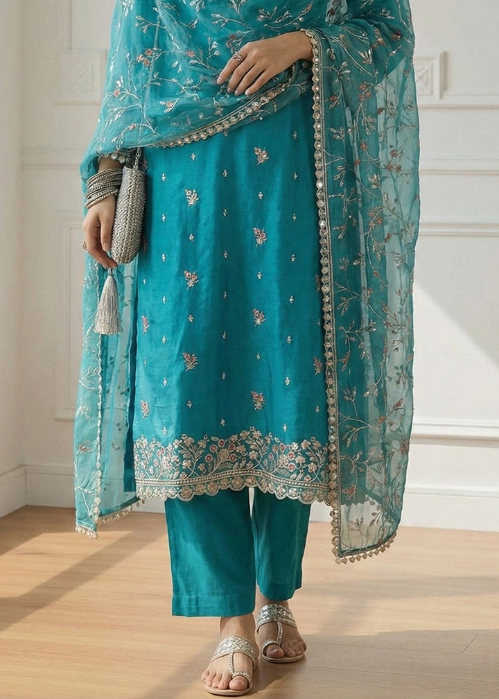 Bondi Blue Shimmer Organza Suit Set with Thread and Embellished Work