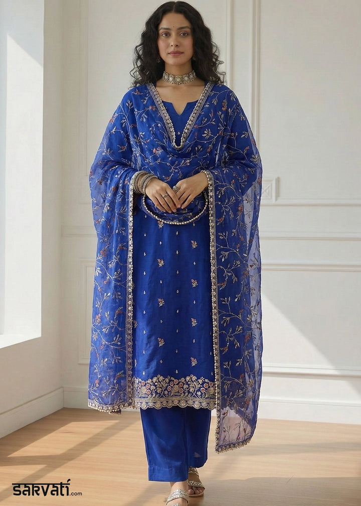 Indigo Blue Shimmer Organza Suit Set with Thread and Embellished Work