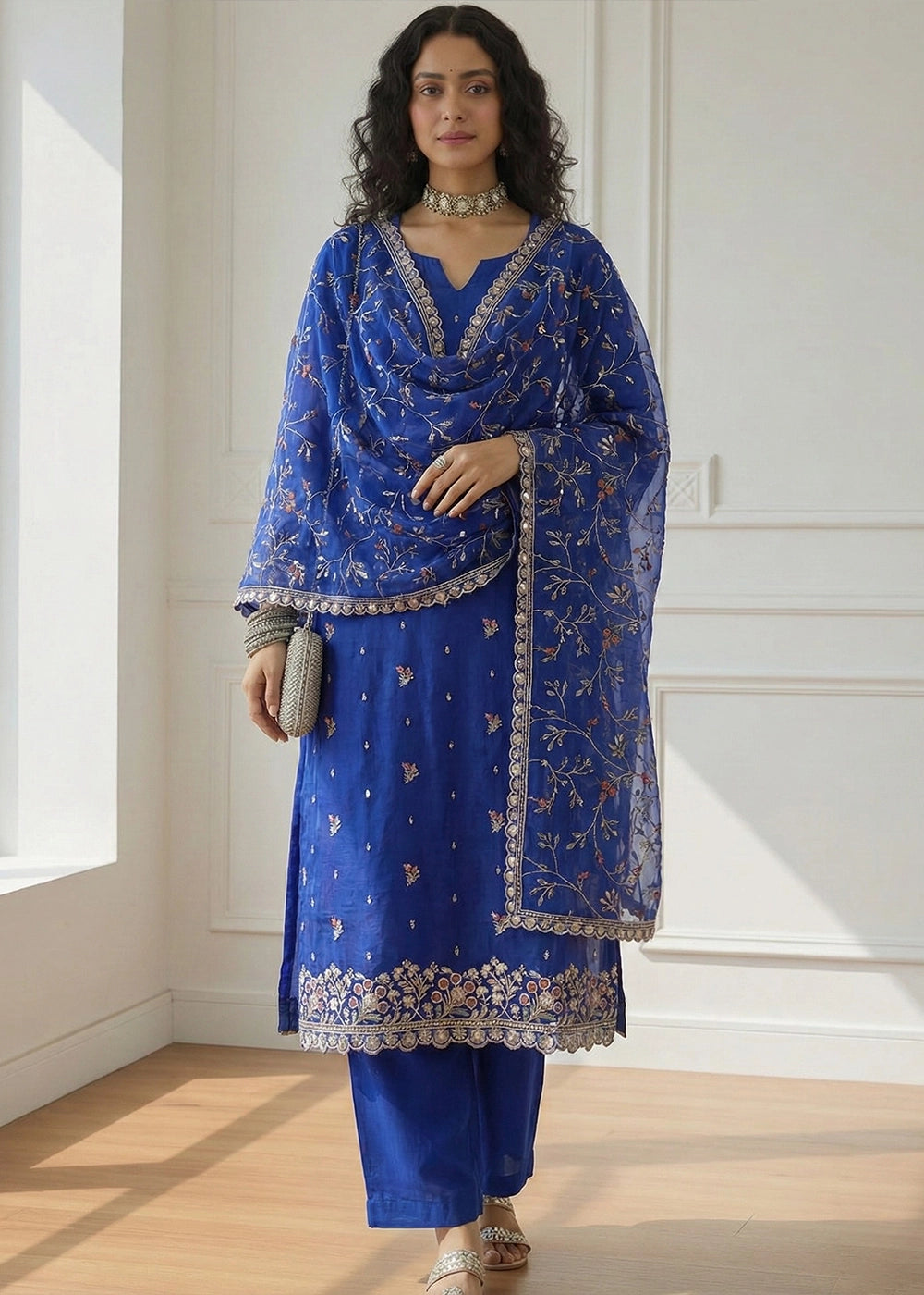 Indigo Blue Shimmer Organza Suit Set with Thread and Embellished Work