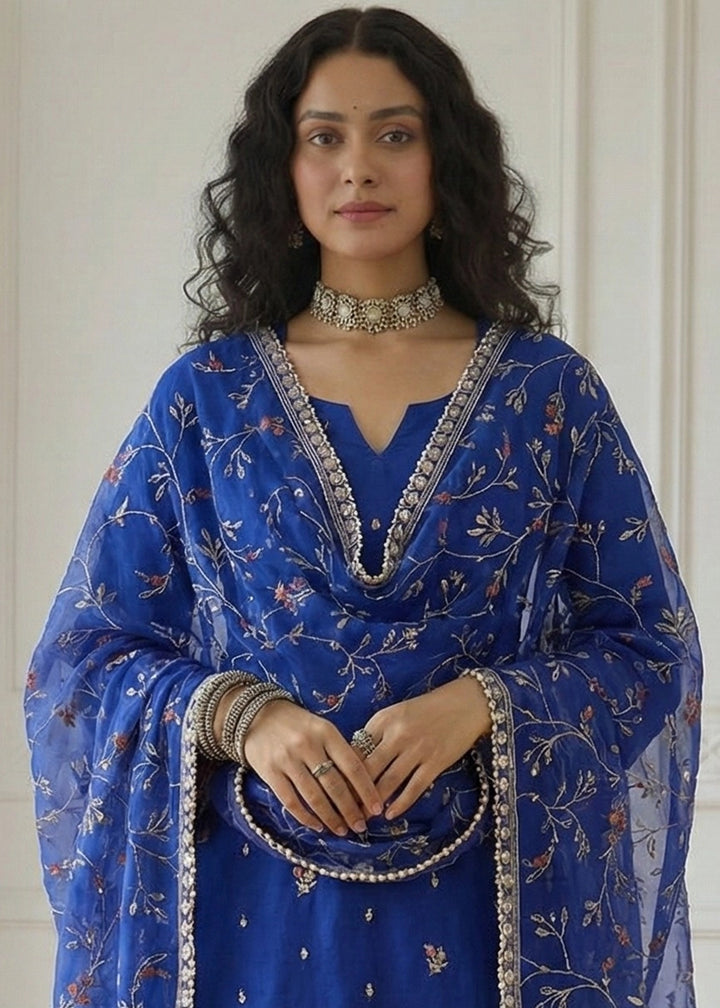 Indigo Blue Shimmer Organza Suit Set with Thread and Embellished Work