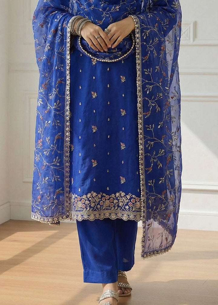 Indigo Blue Shimmer Organza Suit Set with Thread and Embellished Work
