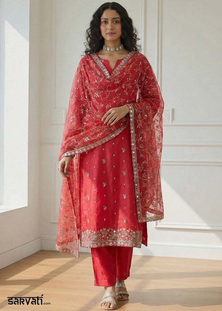 Desire Red Shimmer Organza Suit Set with Thread and Embellished Work