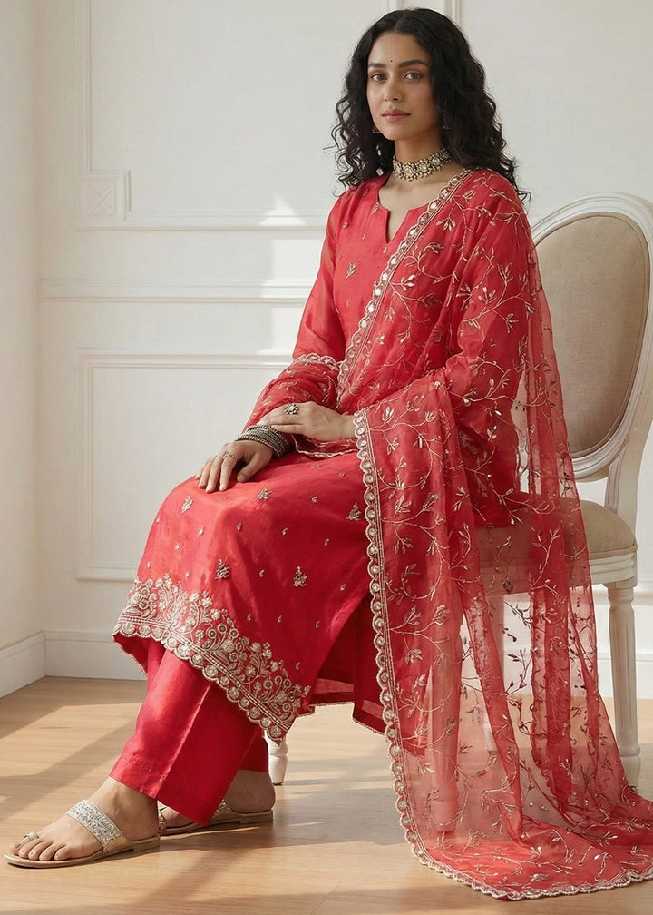 Desire Red Shimmer Organza Suit Set with Thread and Embellished Work