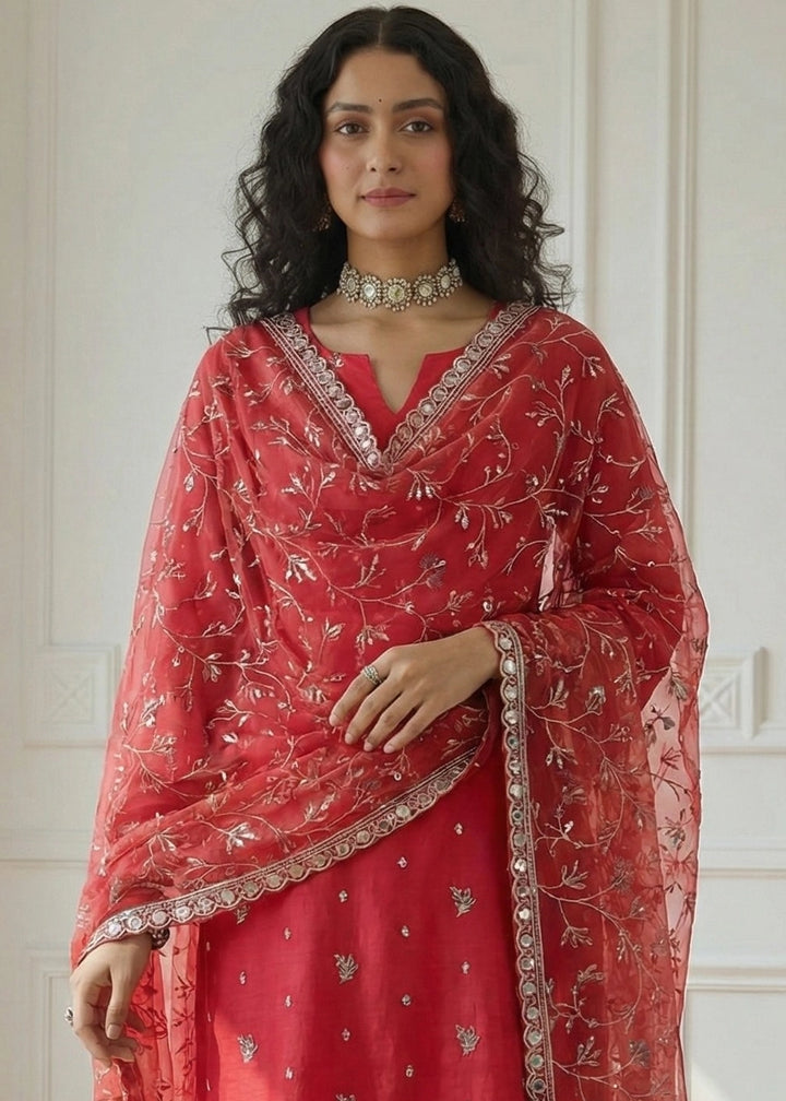 Desire Red Shimmer Organza Suit Set with Thread and Embellished Work