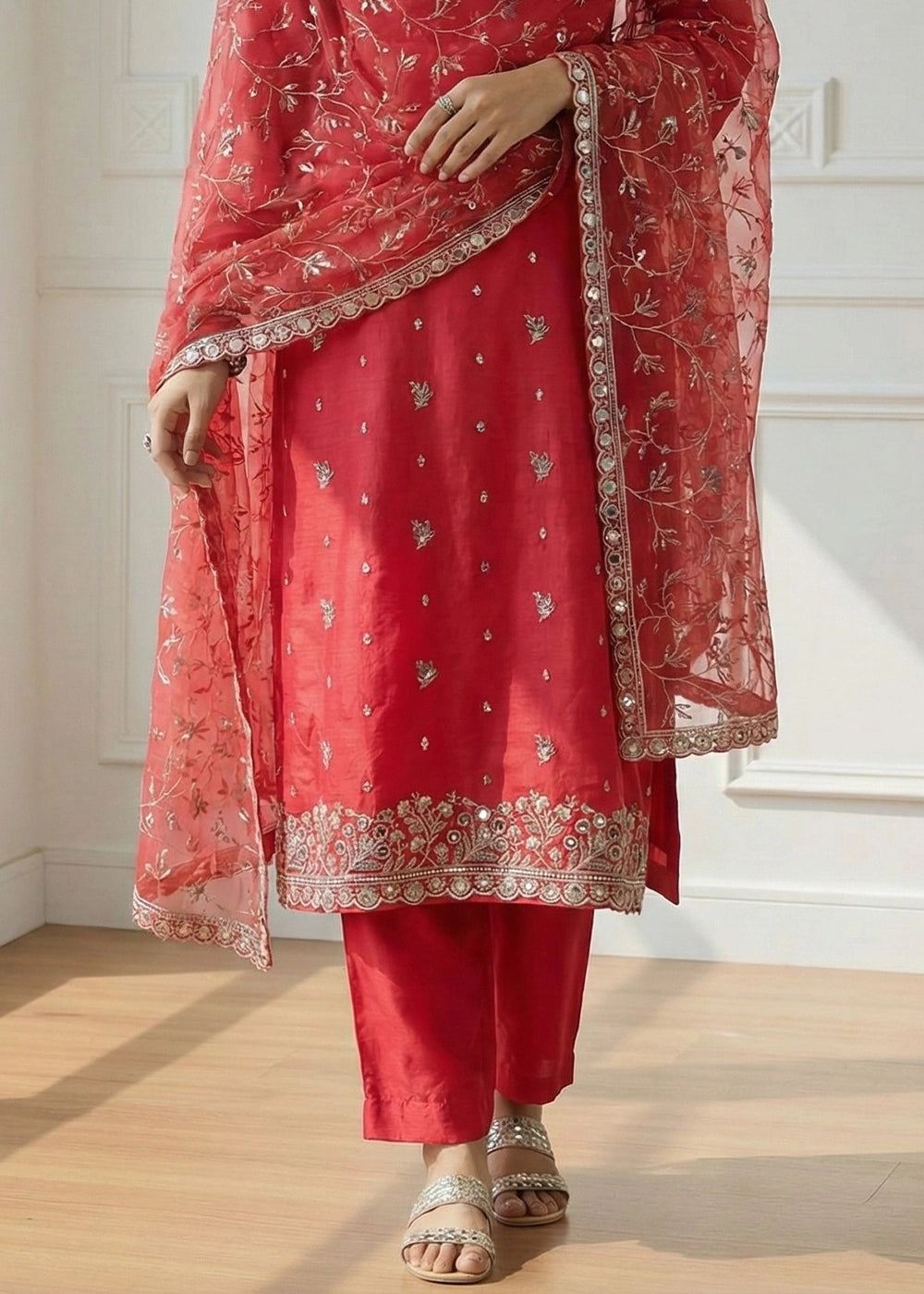 Desire Red Shimmer Organza Suit Set with Thread and Embellished Work