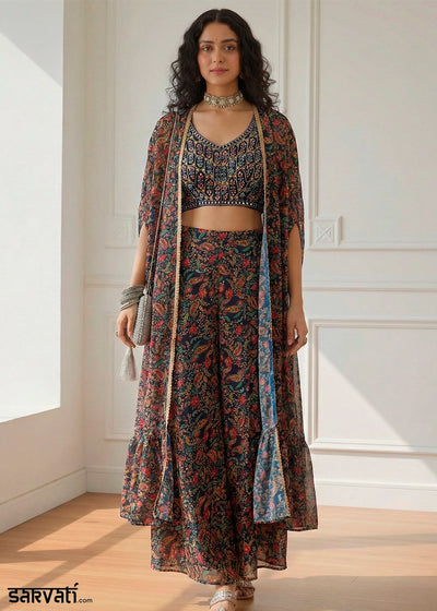 Navy Blue Georgette Embroidered Top with Printed Sharara & Cape Set