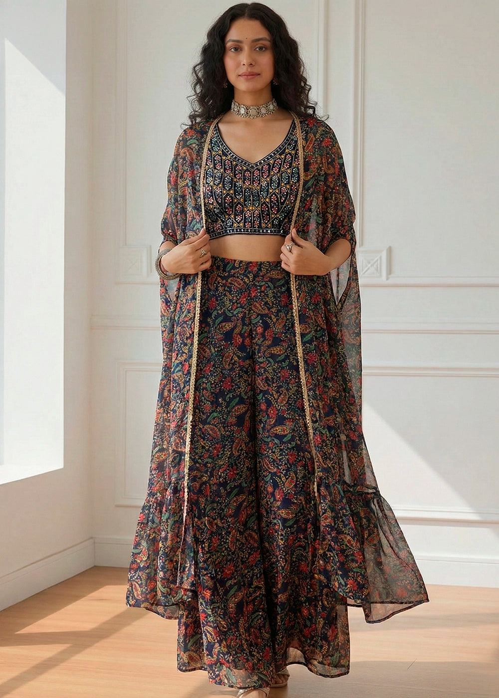 Navy Blue Georgette Embroidered Top with Printed Sharara & Cape Set