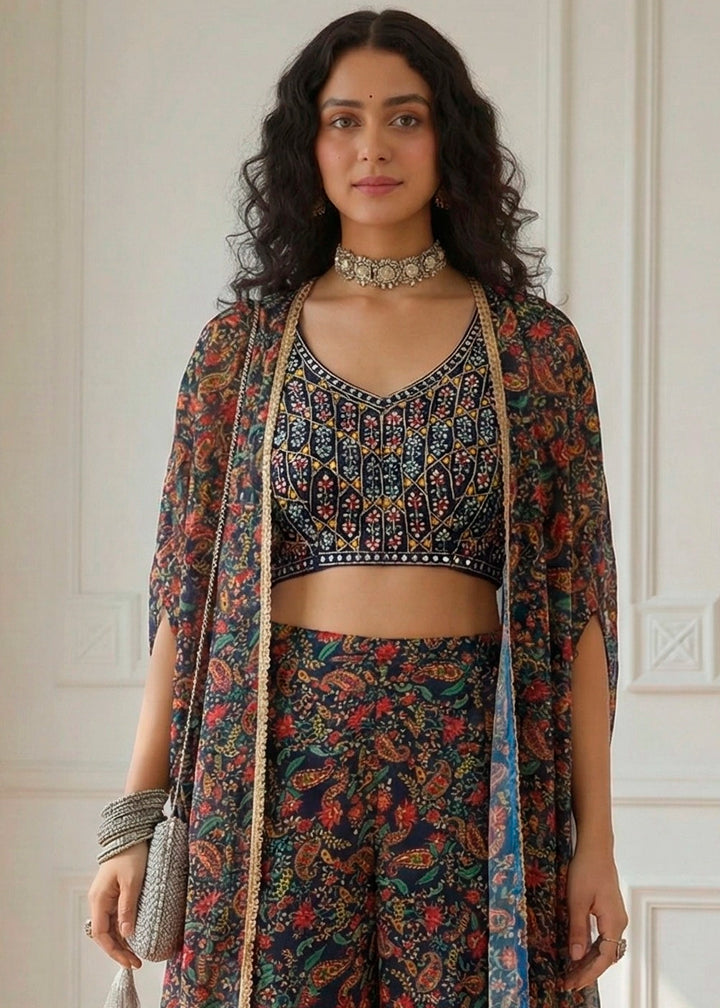 Navy Blue Georgette Embroidered Top with Printed Sharara & Cape Set