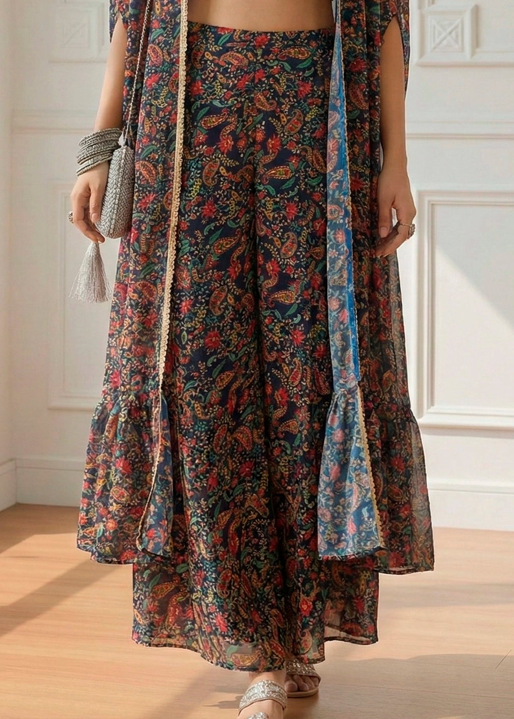 Navy Blue Georgette Embroidered Top with Printed Sharara & Cape Set