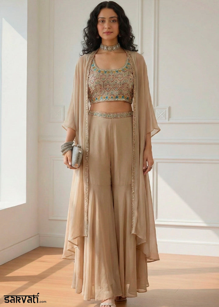 Beige Brown Georgette Embroidered Top with Sharara & Cape Set