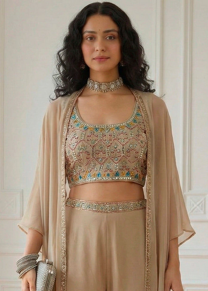 Beige Brown Georgette Embroidered Top with Sharara & Cape Set