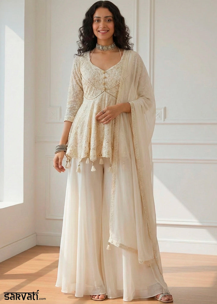 Pearl White Georgette Embroidered Top with  Sharara & Dupatta Set