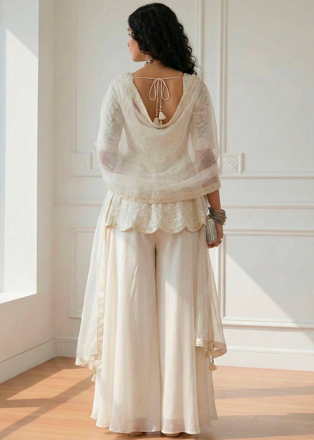 Pearl White Georgette Embroidered Top with  Sharara & Dupatta Set