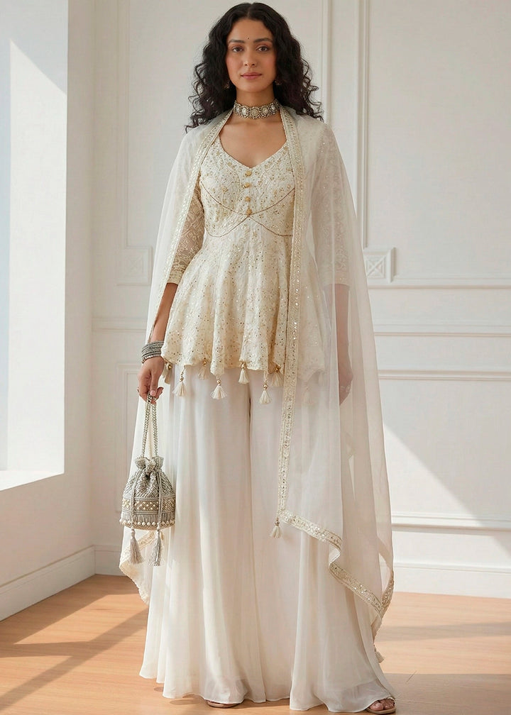Pearl White Georgette Embroidered Top with  Sharara & Dupatta Set