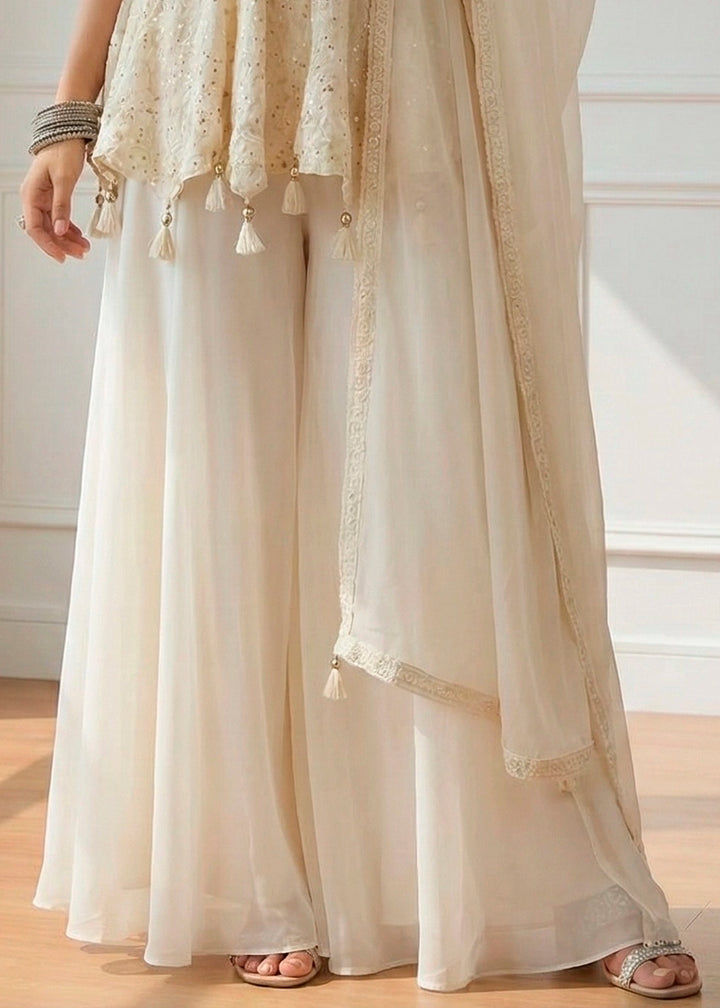 Pearl White Georgette Embroidered Top with  Sharara & Dupatta Set