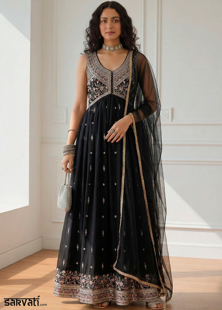 Charcoal Black Designer Georgette Anarkali Suit with Elegant Embroidery