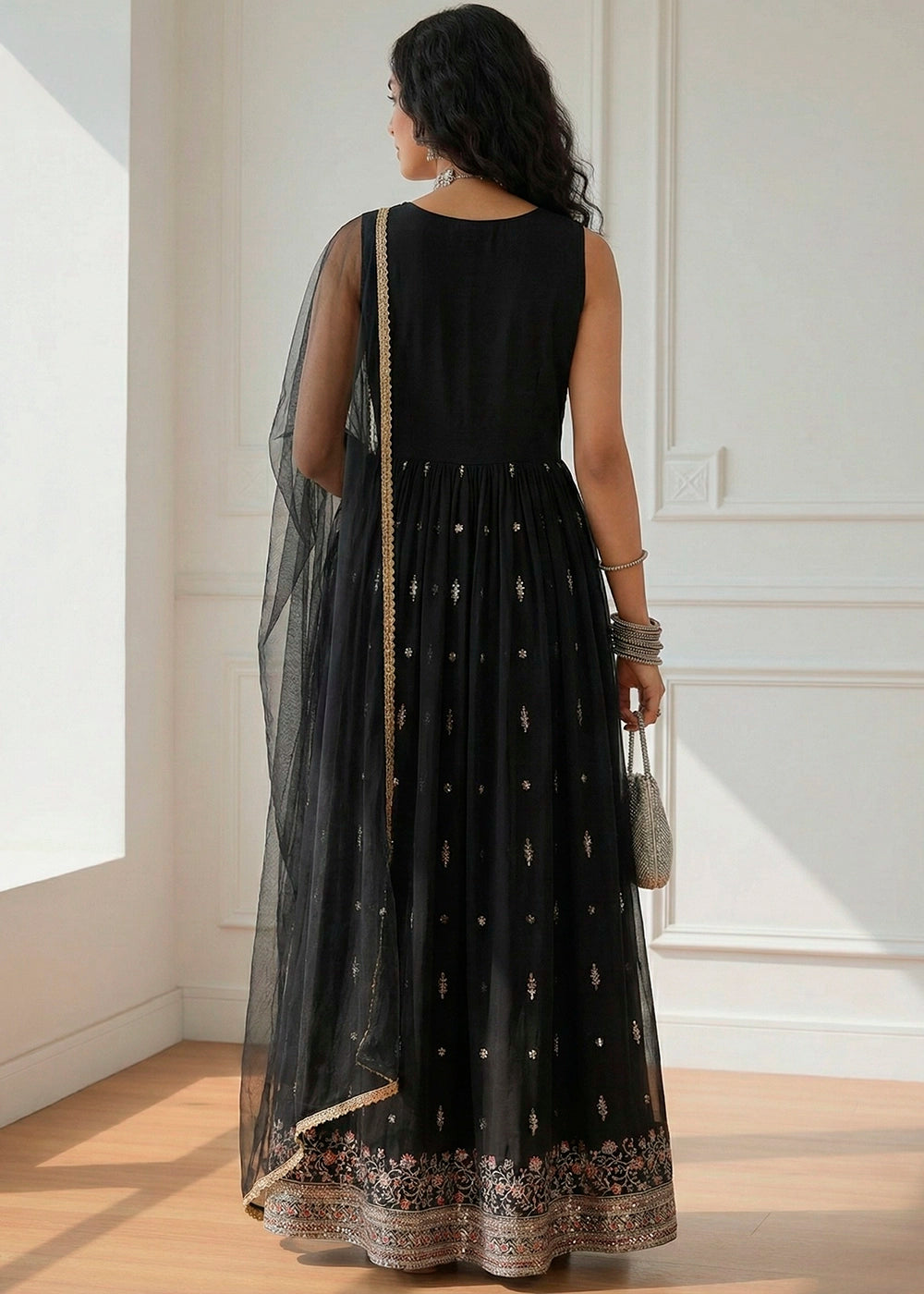 Charcoal Black Designer Georgette Anarkali Suit with Elegant Embroidery