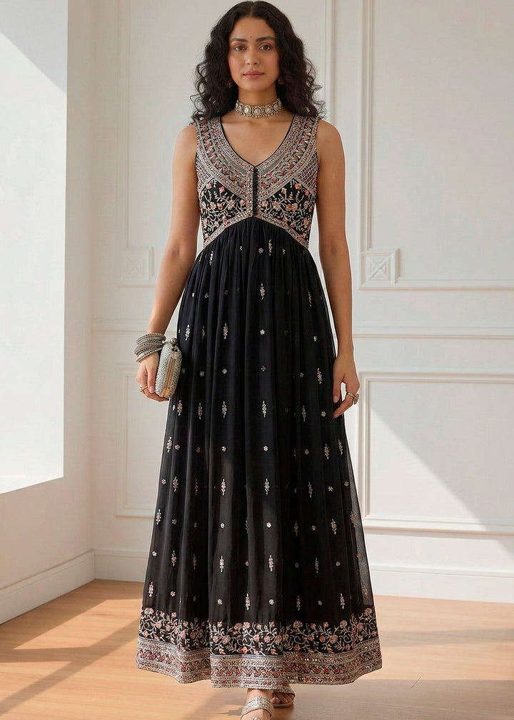 Charcoal Black Designer Georgette Anarkali Suit with Elegant Embroidery