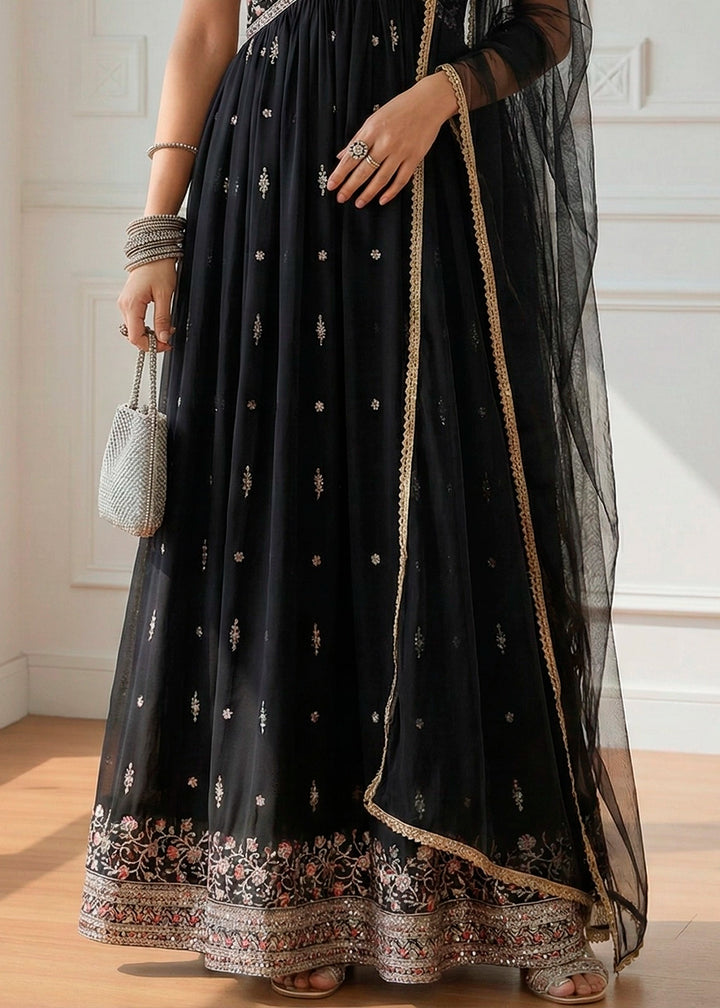 Charcoal Black Designer Georgette Anarkali Suit with Elegant Embroidery
