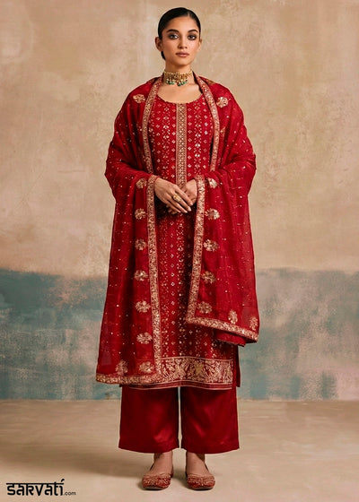 Currant Red Georgette Salwar Suit with Hand Embellishment