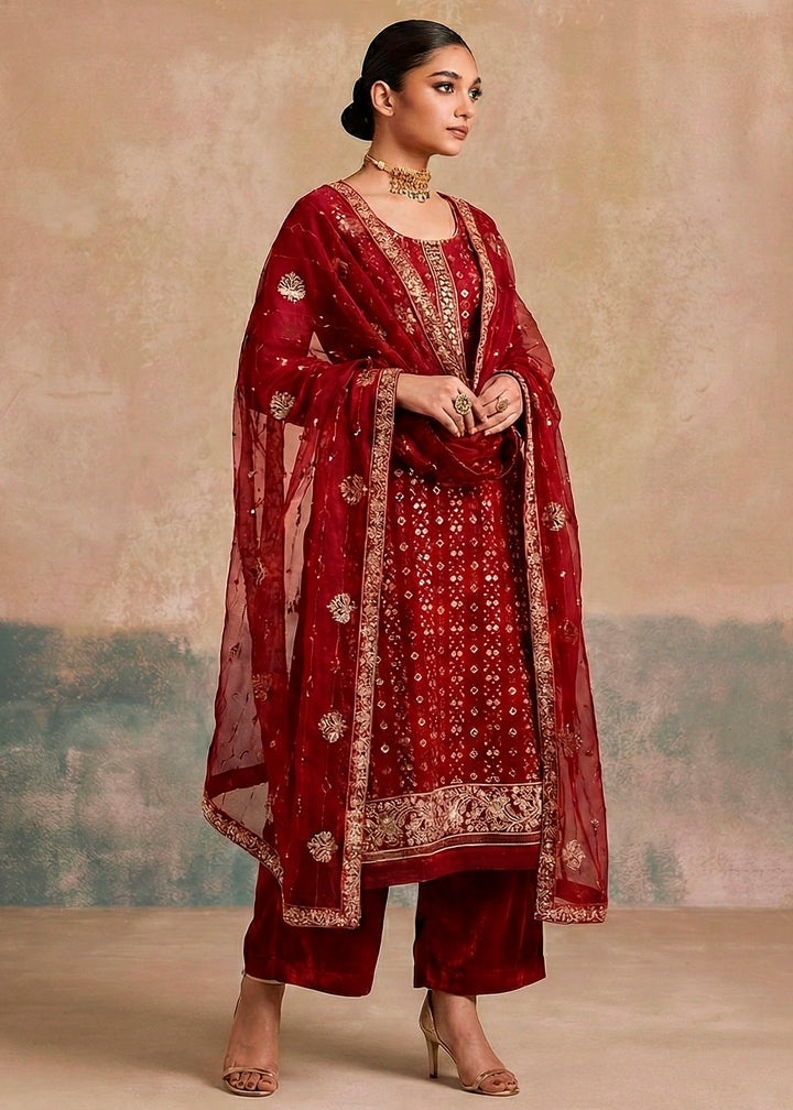 Currant Red Georgette Salwar Suit with Hand Embellishment