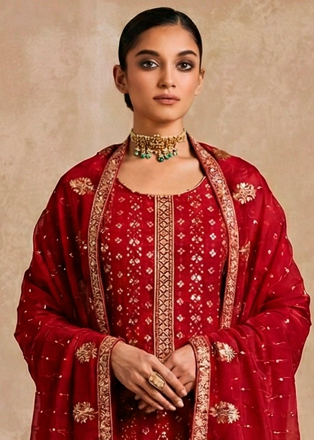 Hand Emblisment Currant Red Georgette Salwar Suit with Hand Embellishment | Sarvati