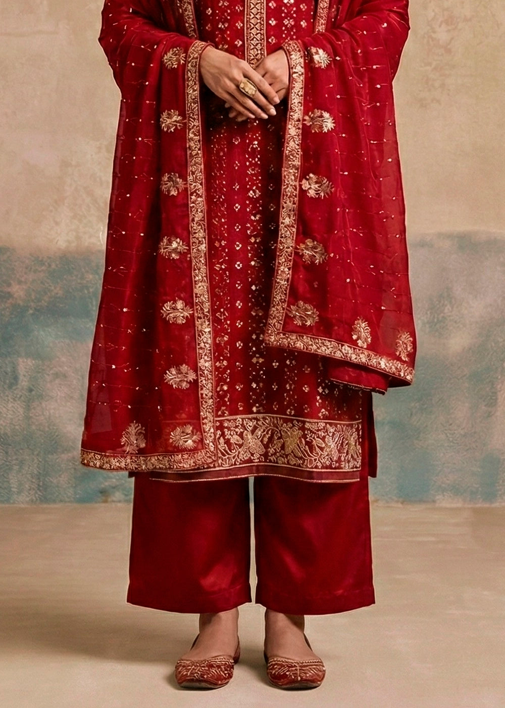 Currant Red Georgette Salwar Suit with Hand Embellishment
