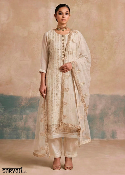 Parchment White Georgette Salwar Suit with Hand Embellishment