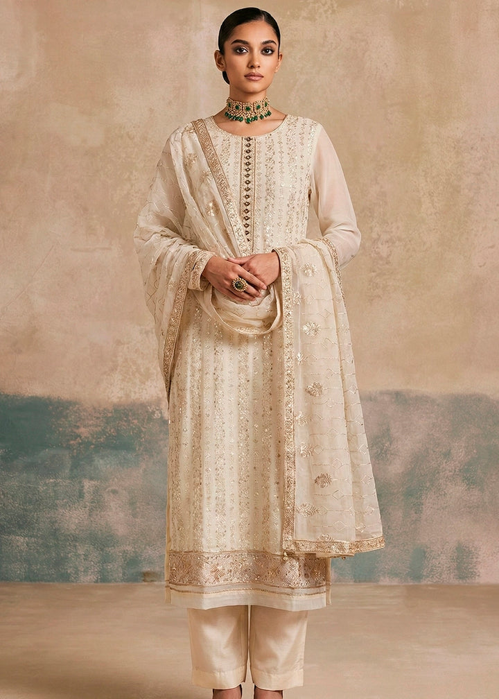 Parchment White Georgette Salwar Suit with Hand Embellishment