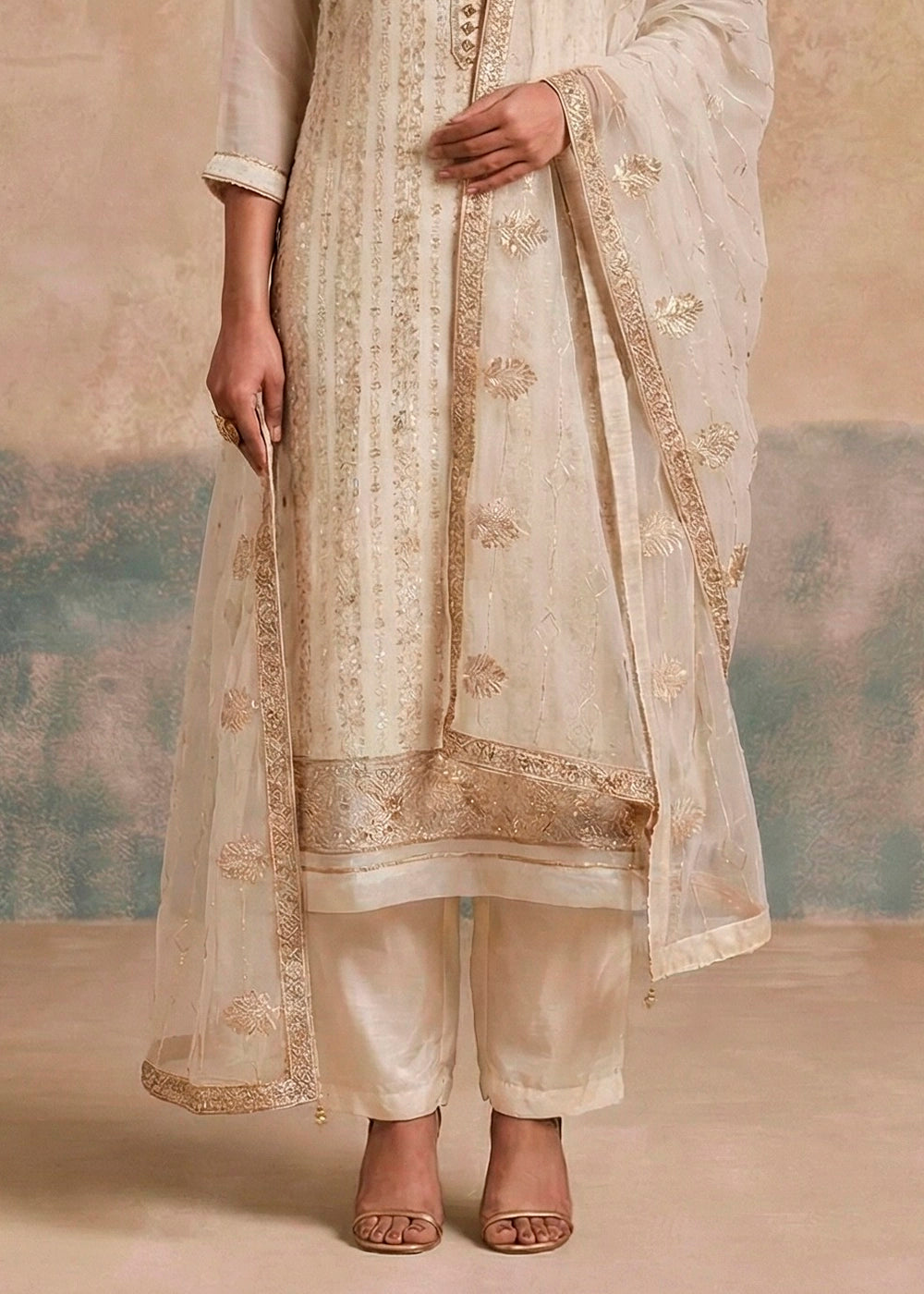 Parchment White Georgette Salwar Suit with Hand Embellishment