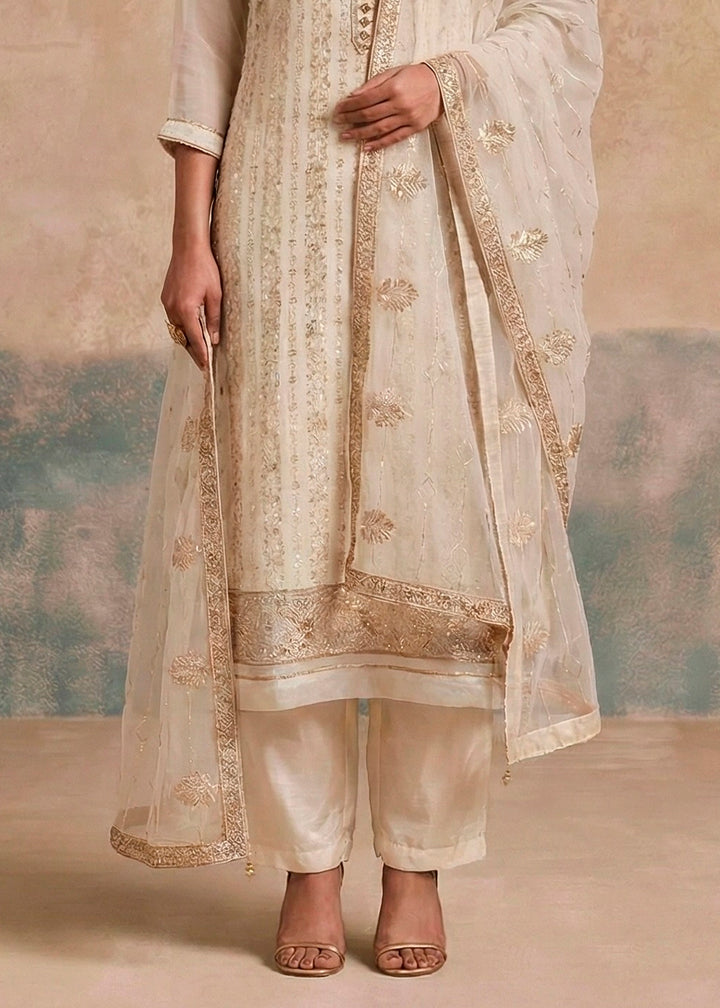 Parchment White Georgette Salwar Suit with Hand Embellishment