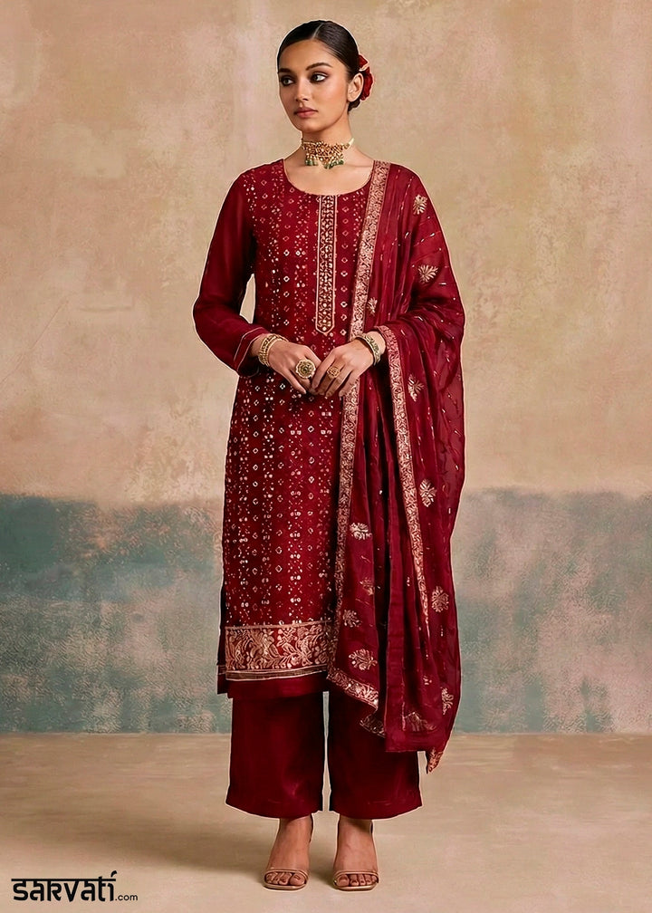 Wine Red Georgette Salwar Suit with Hand Embellishment