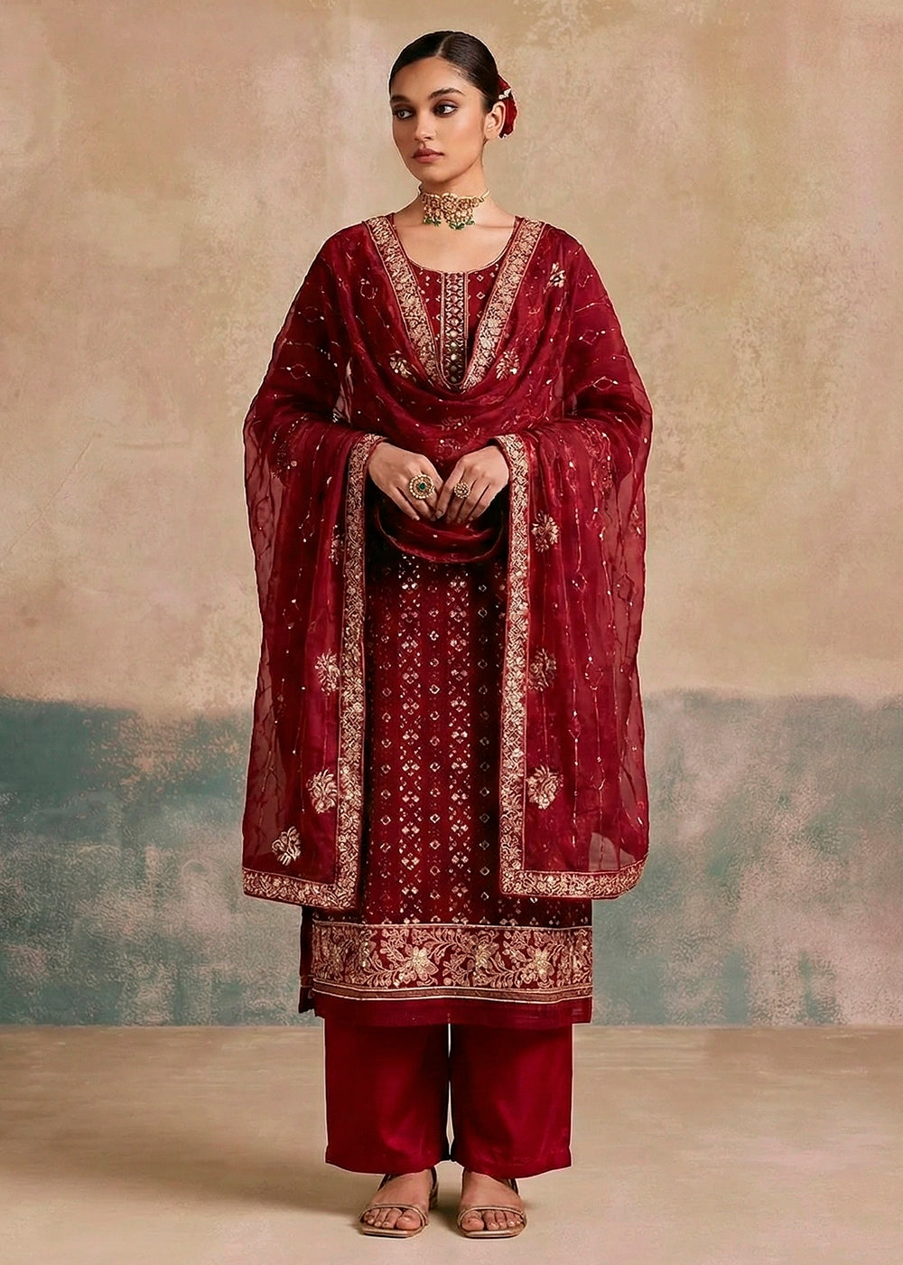 Wine Red Georgette Salwar Suit with Hand Embellishment
