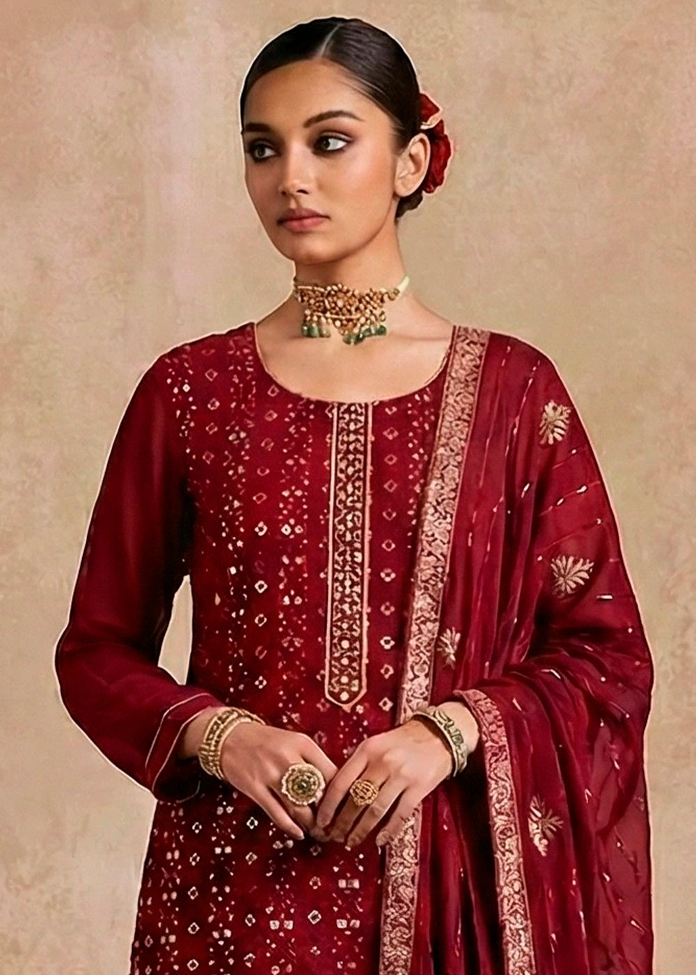 Wine Red Georgette Salwar Suit with Hand Embellishment