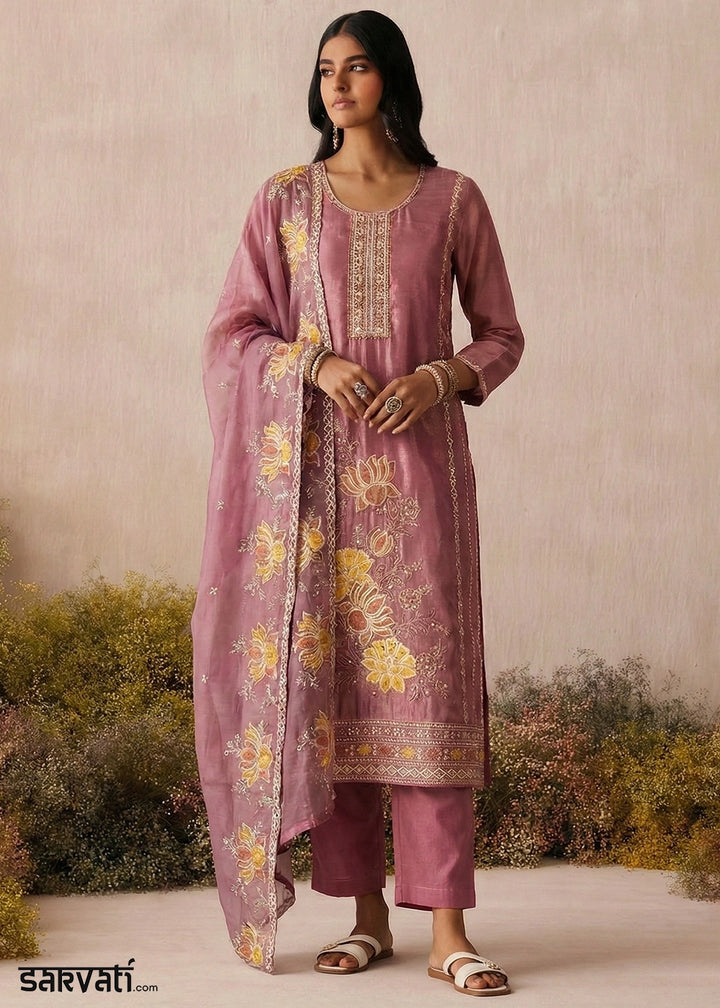 Pearly Purple Shimmer Silk Floral Embroidered Trouser Suit