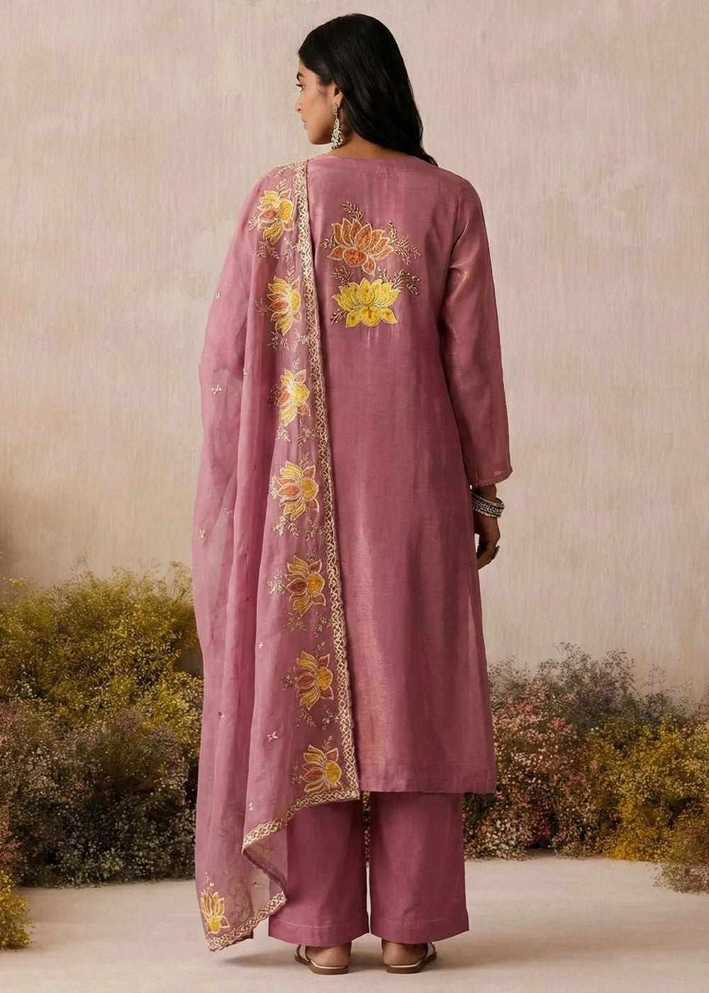 Pearly Purple Shimmer Silk Floral Embroidered Trouser Suit