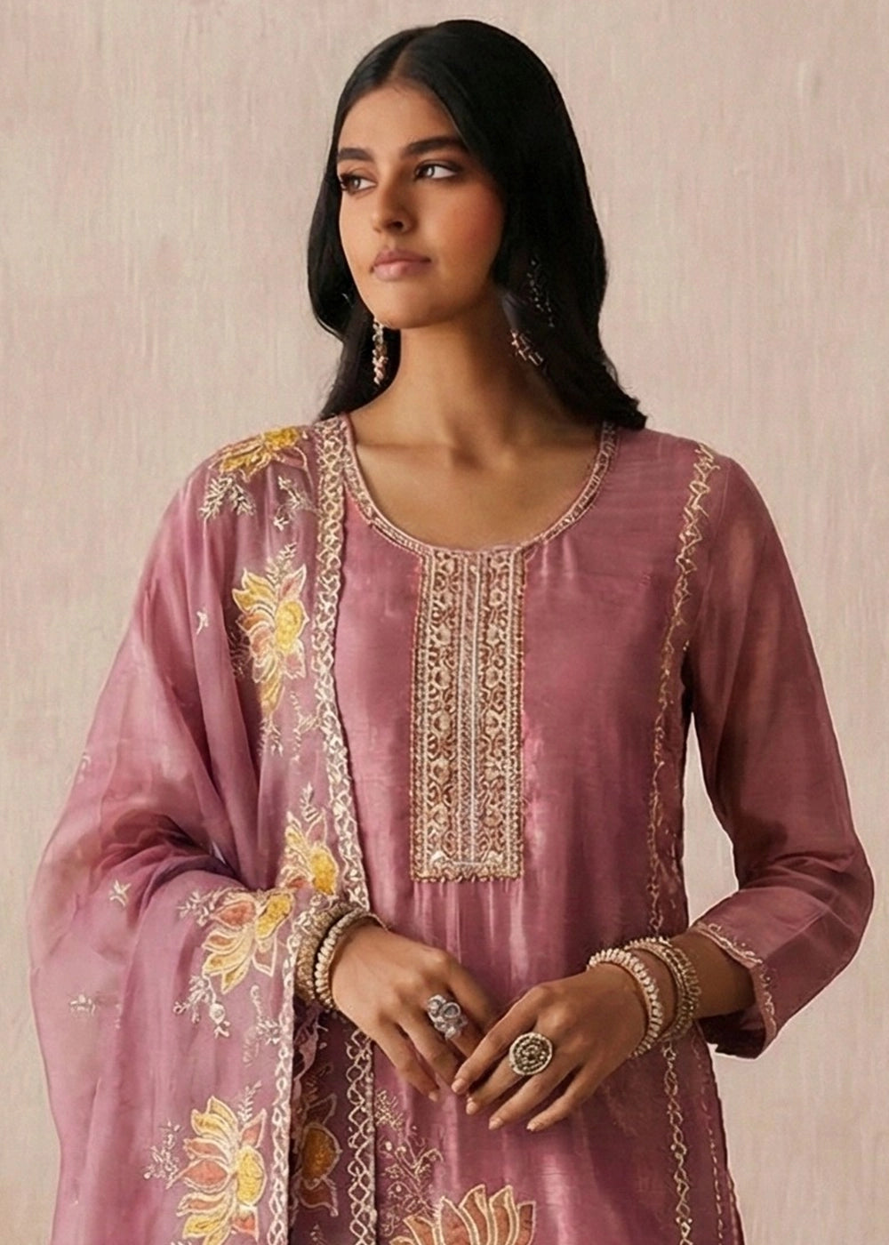 Pearly Purple Shimmer Silk Floral Embroidered Trouser Suit