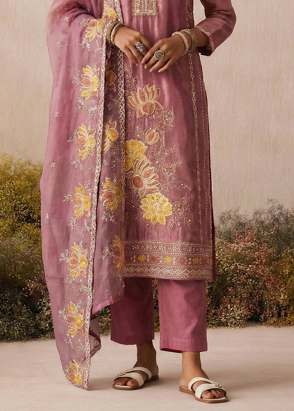 Pearly Purple Shimmer Silk Floral Embroidered Trouser Suit