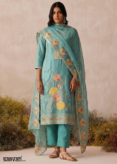 Tufts Blue Shimmer Silk Floral Embroidered Trouser Suit