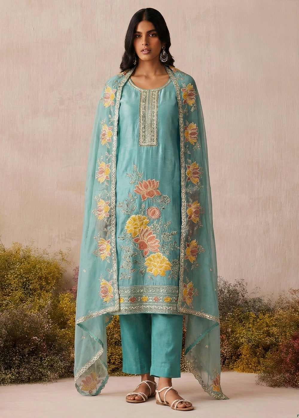Tufts Blue Shimmer Silk Floral Embroidered Trouser Suit