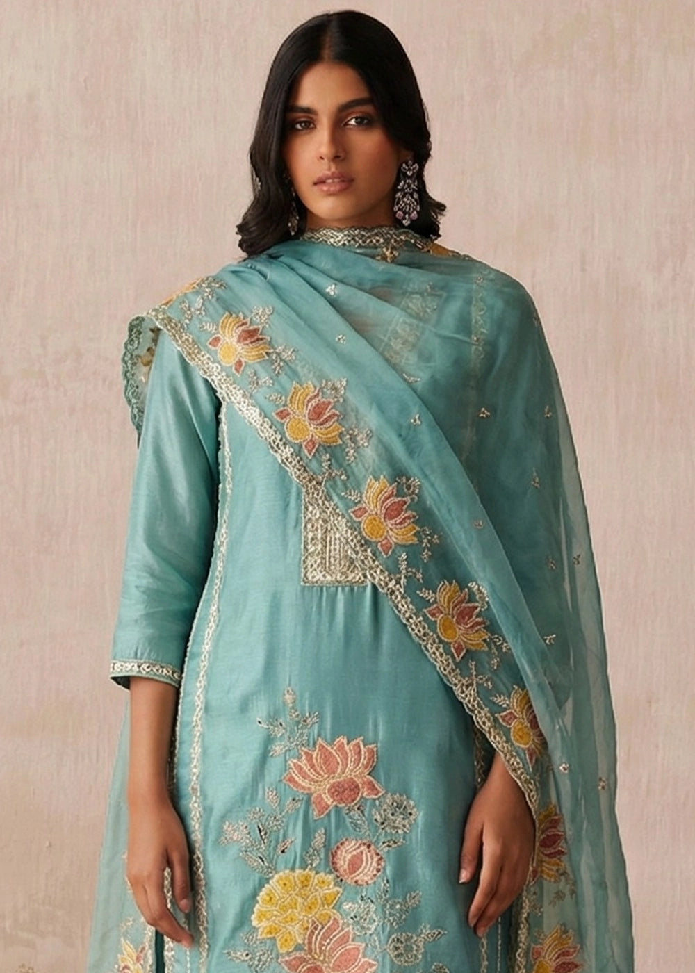 Tufts Blue Shimmer Silk Floral Embroidered Trouser Suit