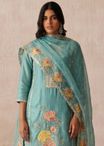 Tufts Blue Shimmer Silk Floral Embroidered Trouser Suit