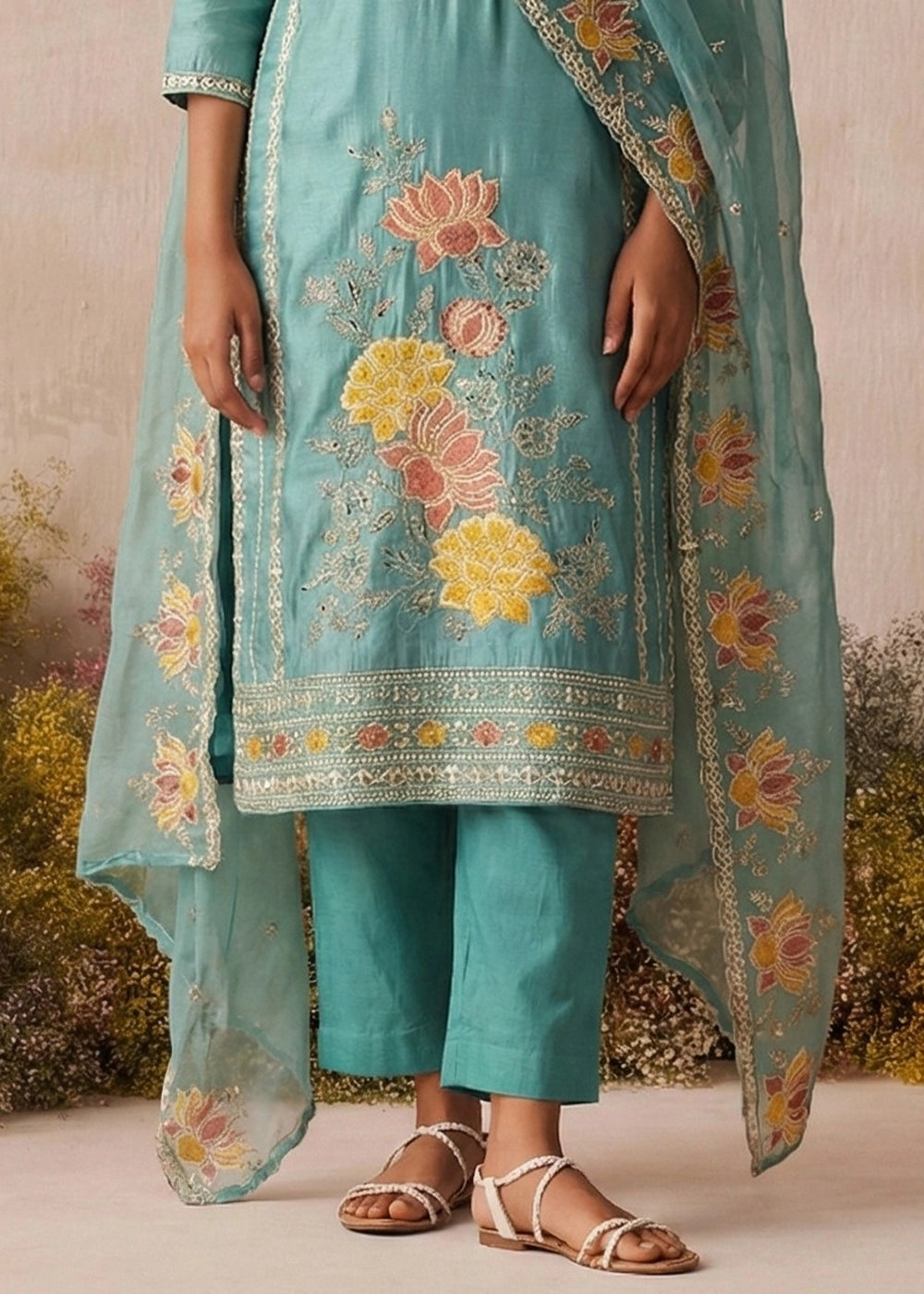 Tufts Blue Shimmer Silk Floral Embroidered Trouser Suit